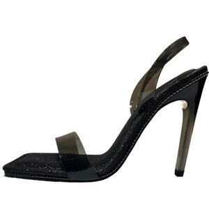 Good American Black Glitter Lucite Slingback Sandal Heels Size 6.5